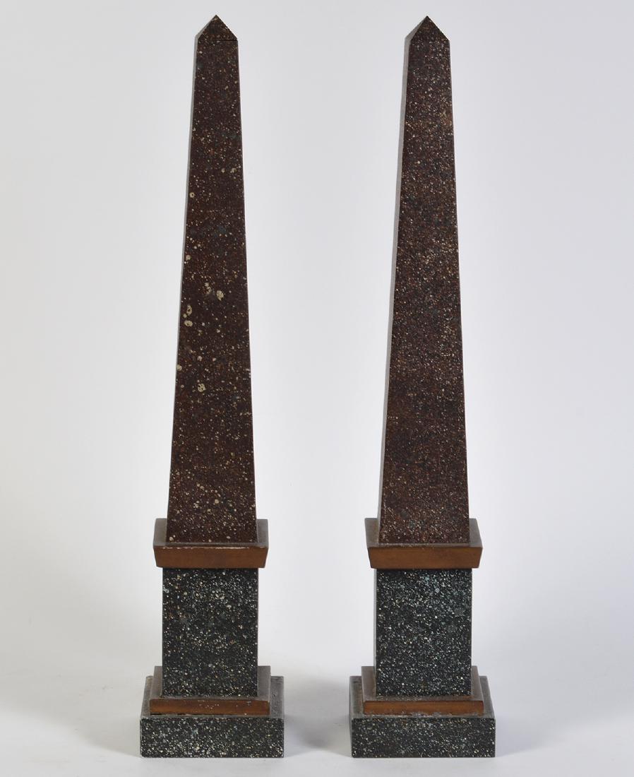 Pr. French Tailleur Fils & Cie Tole Obelisks: Pair of French tole obelisks with label on bottom by Tailleur Fils & Cie. Measures 21.5"H; base 4.5"L x 4.5"W. Condition is good, see photos. Examine all photos closely. Contact AAG for more detailed