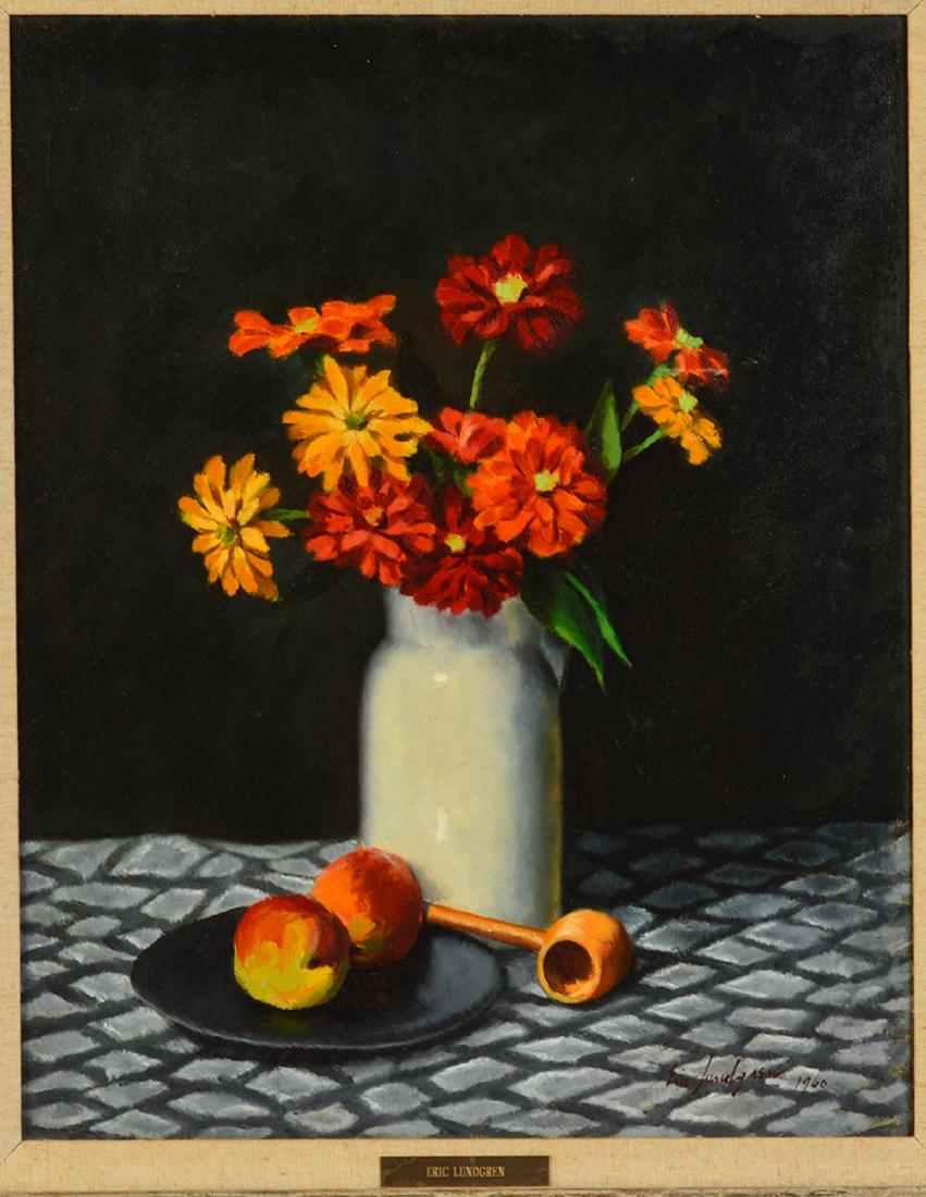 Eric Lundgren 'Still Life' Oil Painting on Board: Eric Lundgren, American (1906-1971) Oil on canvas-board. 'Still Life with Corn Cob Pipe'. Signed and dated 1960 in lower right. Measures 27.5"H x 23.5"W framed; painting is 16"H x 20"L. Condition is g