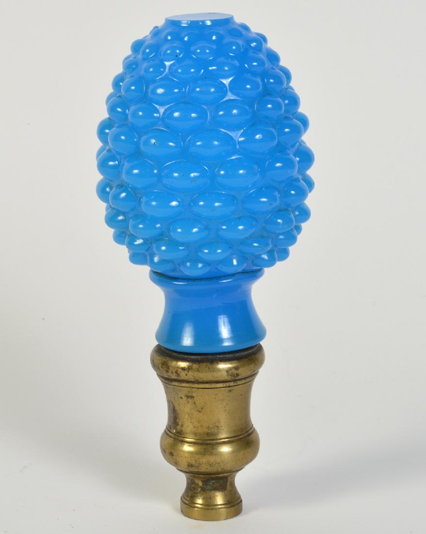 Antique Blue Opaline Boule Escalier Newel Post: Antique French blue opaline Boule Escalier newel post finial on bronze mount. Measures 7"L x 3"W. Condition is good with no apparent chips or cracks, see photos. Examine all photos closely. Contact AA