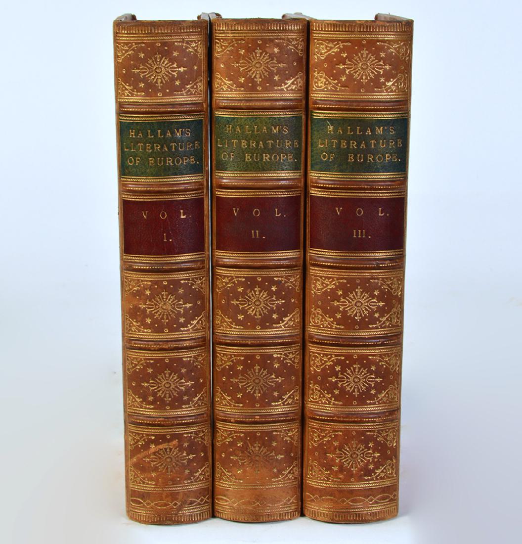3 Volumes by Henry Hallam "Literature of Europe": Covering European literature of 1400's, 1500's & 1600's in 3 light brown leather bound volumes. Published by John Murray, London, 1854. Measures 8.75"H x 6"W. Tight bindings, good condition, slight to