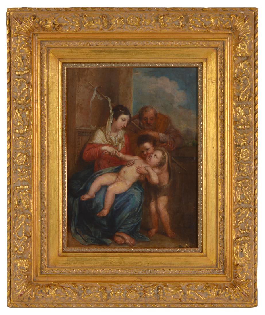 18th Ct Flemish Old Master O/B: Flemish old master 18th C. oil on board in ornate gilt carved frame. Measures 18"H x 15"W framed; 11.5"H x 8 5/8"W unframed. Condition is good, corners of frame missing gilt, see photos. Examine all p