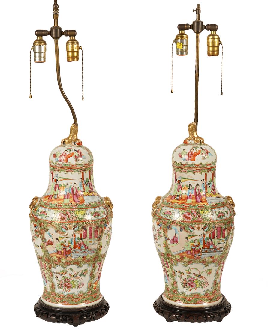 Pair of Rose Medallion Lamps on Reticulated Bases (1 of 12)