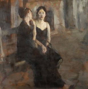 Ron Hicks 'The Discussion' Oil Painting: Ron Hicks, U.S. (1965-) Oil on canvas, signed lower right, two girls seated together. Provenance: Meyer Gallery, Park City, Utah, original receipt included. Measures 38"H x 37.5"W framed; 29.5" x 29.5