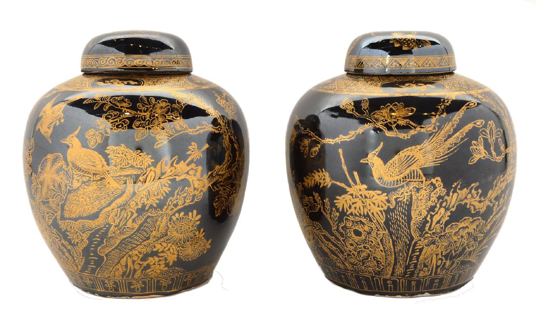 Pr. Chinese Black & Gilt Ginger Jars (1 of 12)