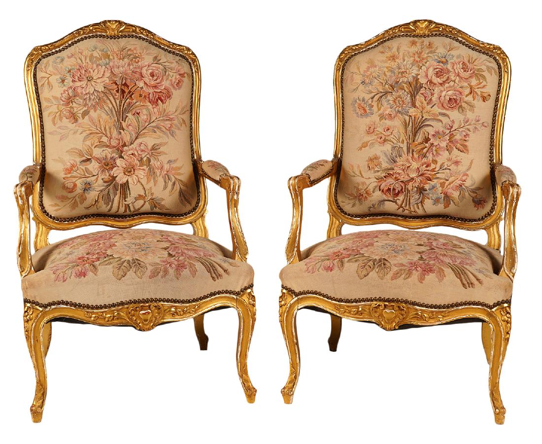 Pair French Louis XV Style Gilt Arm Chairs (1 of 11)
