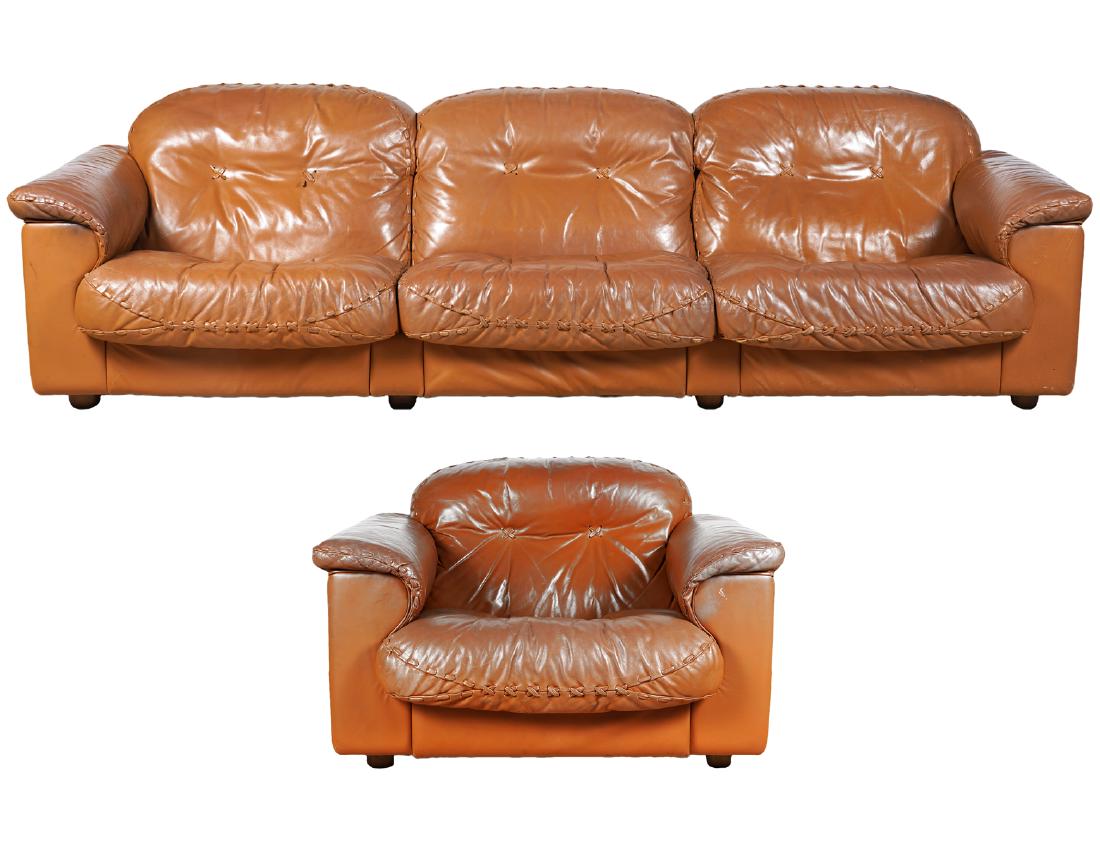 Mid Century Camel Leather Sofa & Side Arm Chair (1 of 20)