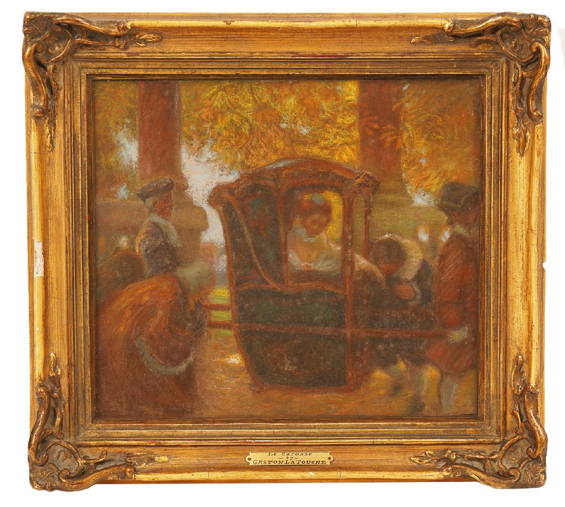 Attributed to Gaston La Touche 'La Carosse': Gaston La Touche, France (1854-1913), attributed to. Pastel on paper in carved gilt frame, bronze plaque on bottom. Handwritten label on verso. Measures 17.5"H x 16"W framed; 12"H x 13 5/8"W unframed.
