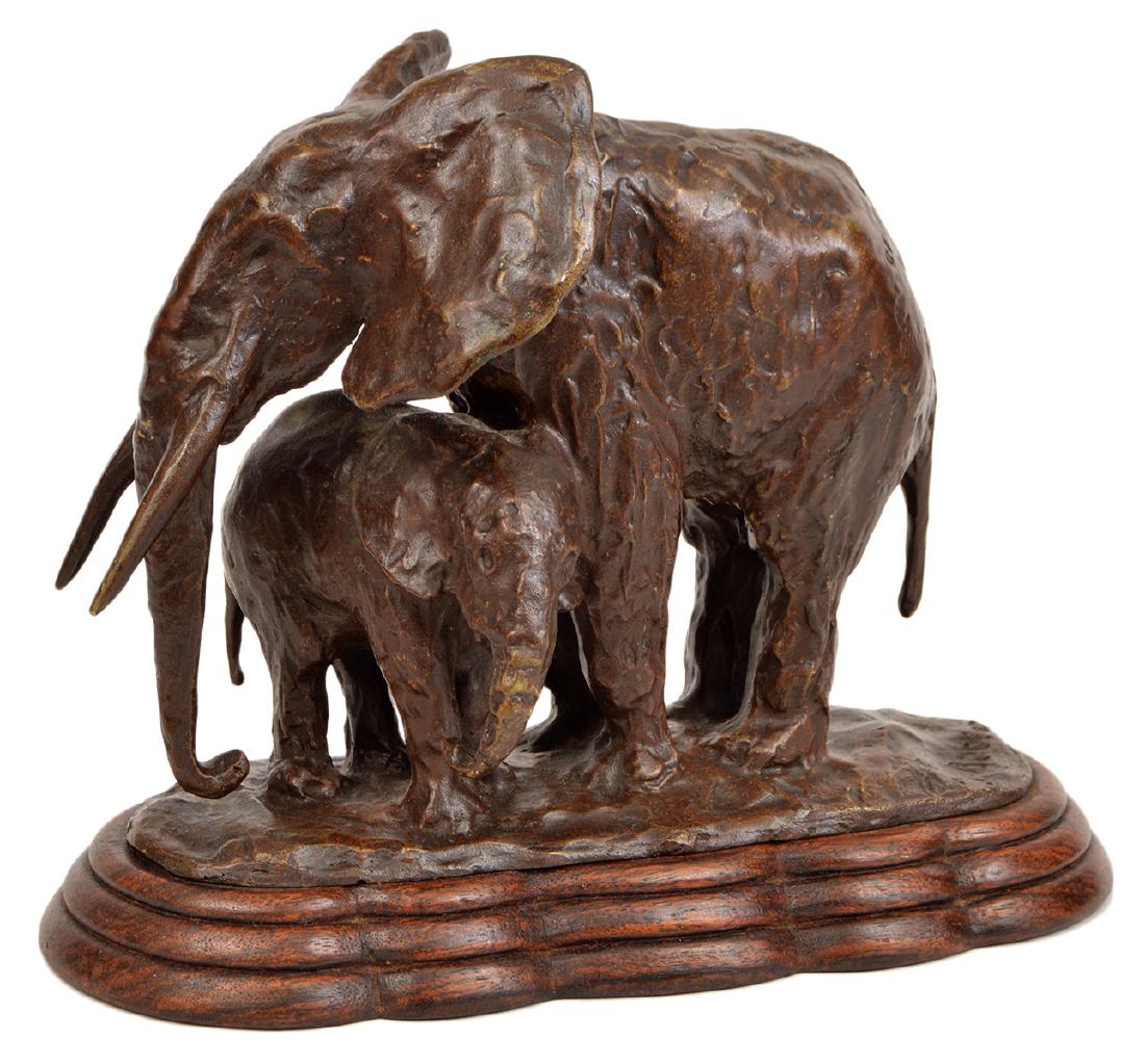 Ary Jean Leon Bitter 'Elephant et Son Petite': Ary Jean Leon Bitter, France (1883-1973) Bronze statue of mother elephant & baby 'Elephant et Son Petite', 1925-1930, resting on stepped wood plinth. Signed on base, with illegible foundry, inscribed