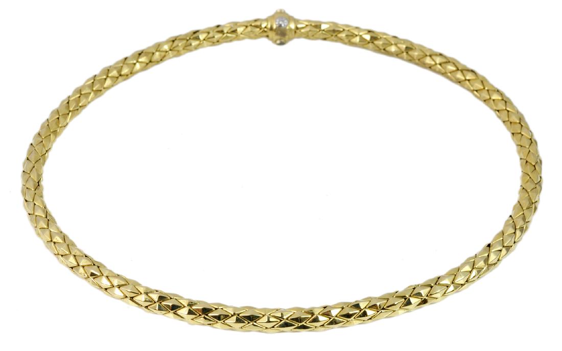 18kt Gold Chimento Choker / Necklace: Chimento 18 kt yellow gold hollow choker necklace with diamond accents on clasp. Weighs 28 DWT. 16.75" L. Marked. Condition report: good, see photos. Examine all photos closely. Contact AAG for more d