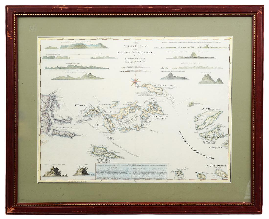 Virgin Islands Map from English & Danish Surveys: Hand colored map of the Virgin Islands includes 12 profile views of the islands by Thomas Jefferys, Geographer to King George III. Measures 24.5"H x 30.25"W framed; 17.5"H x 22.75"W unframed. Conditio