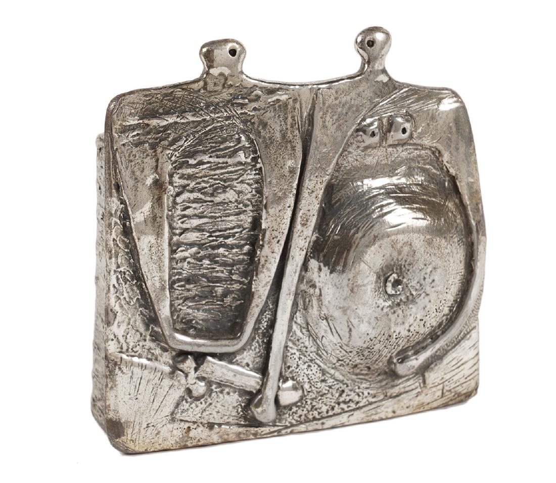 Guy Vidal Pewter Figural Desk Accessory: Guy Vidal pen holder, deck accessory features 2 figures, one that resembles a pregnant woman indicating the 'Beginning of Life'. Measures 3.5"W x 3 3/8"H x 1"W. Good condition, see photos. Examine all
