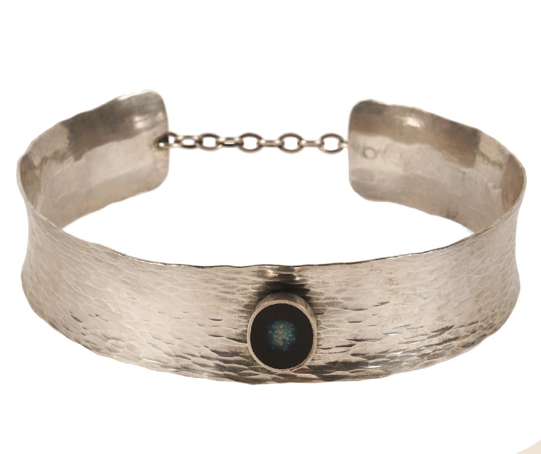 Bernard Chaudron Sterling Choker: Sterling silver choker by Bernard Chaudron, marked on inside. Circular choker with enamel accent on front, chain & hook closure in back. Textured outside surface with smooth interior. Measures 1"W x 1