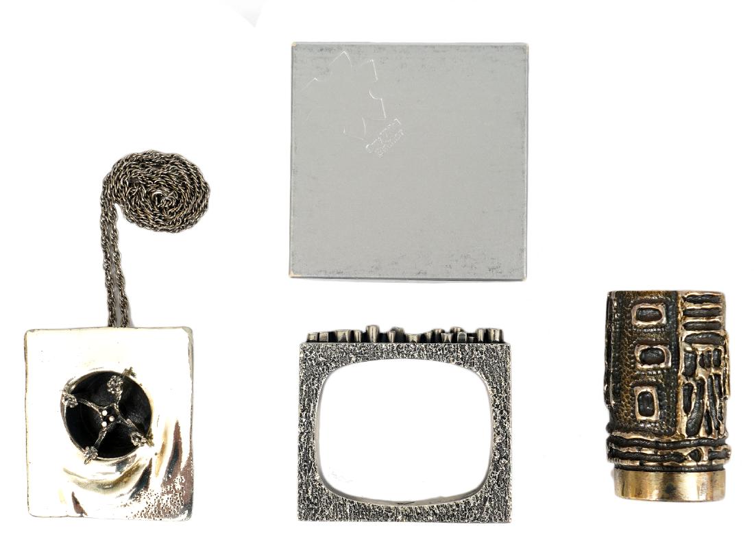 Guy Vidal Bangle, Toothpick Holder & pendant: Guy Vidal square 'Boulons' bangle, also stands alone as a sculpture, signed. Kinetic satellite pendant on chain, signed & small vase/toothpick holder great details. Good condition, see photos. Examine