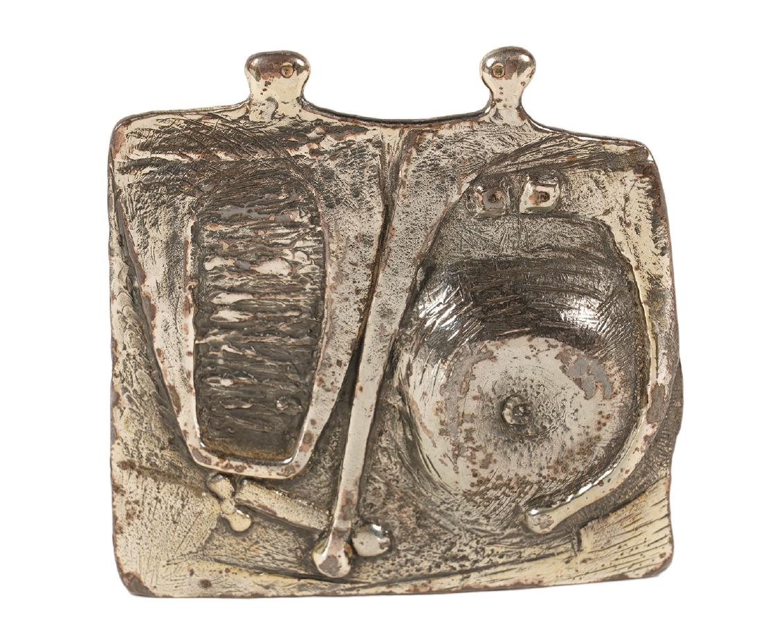 Guy Vidal Pewter Figural Desk Accessory: Guy Vidal pen holder, deck accessory features 2 figures, one that resembles a pregnant woman indicating the 'Beginning of Life'. Measures 3.5"W x 3 3/8"H x 1"W. Good condition, see photos. Examine all