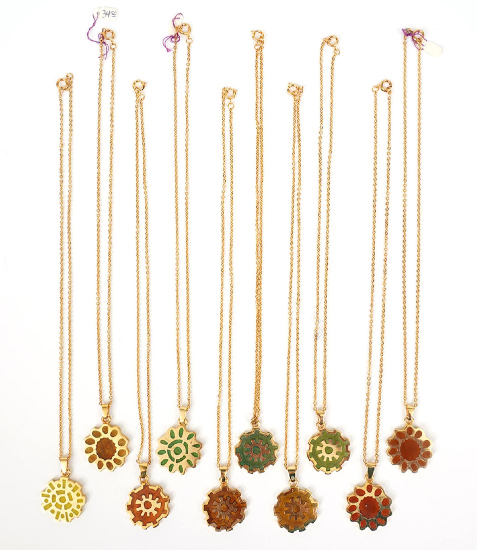 10 Gold Plate & Enamel Bernard Chaudron Necklaces: 10 Bernard Chaudron gold plate & epoxy resin enamel necklaces. Chains measure 17"L and pendants have cut out designs in several flower shapes, (red, green, yellow) measuring 1"W. Good condition, see p