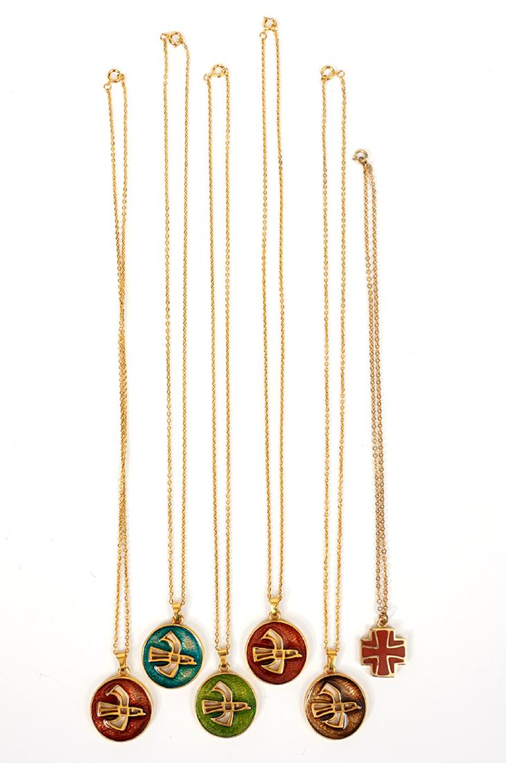 6 Bernard Chaudron Gold Plate & Enamel Necklaces: 5 circular bird pendants and one Cross Pattee with epoxy resin enamel in assorted colors. Chains measure 23" and pendants 1" to 1.25". Good condition, see photos. Examine all photos closely. Contact A
