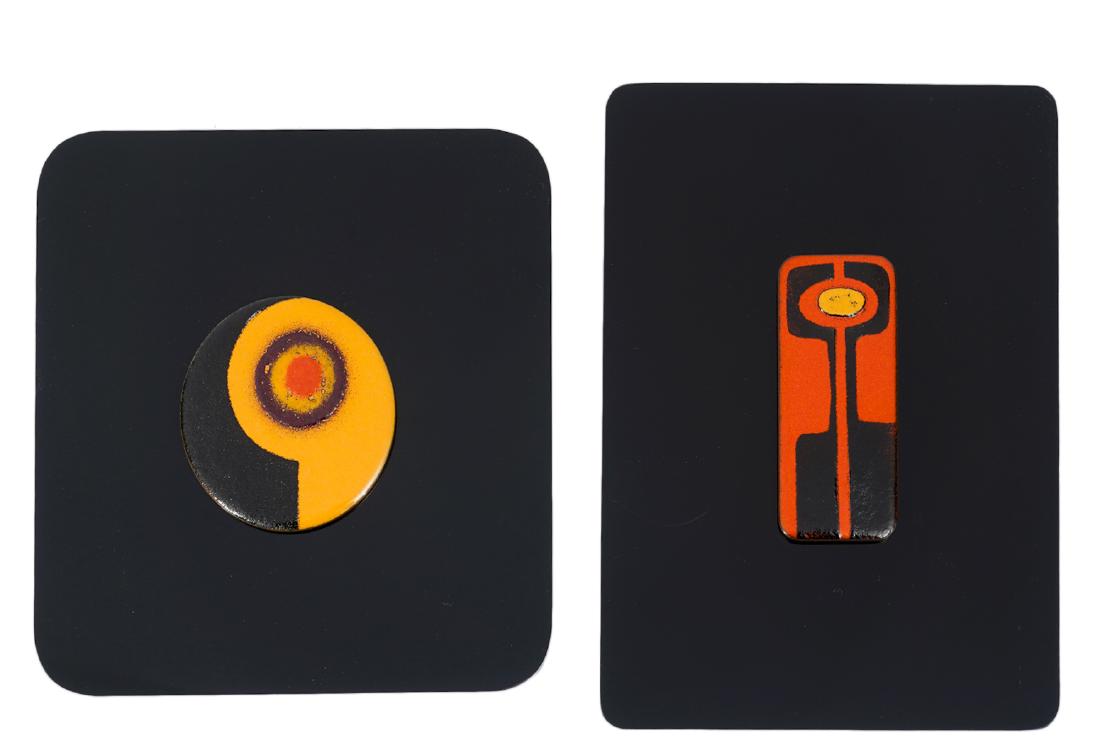 2 Pc. Wall Art Attr. to De Passille: Wall art attributed to De Passille Sylvestre. Copper enamel mounted on black lucite with great contrasting colors. 7"H x 5 3/8"W; 6" x 6". Good condition, see photos. Examine all photos closely. Conta