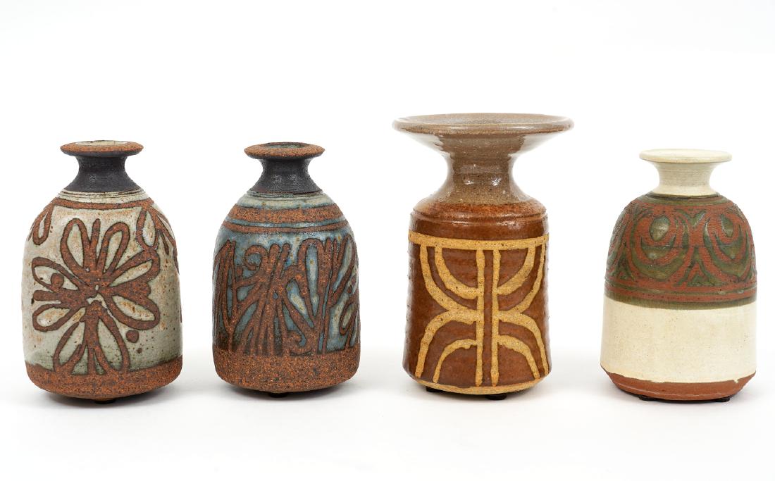 Four (4) Small Pottery Vases by Canadian Artists: Two small vases by Ed Drahanchuk. Both signed on bottom and in good condition. 5" High. Malcolm Stanley vase. 4.75" H, signed on bottom. Vase with flared top by Ted Diakow. 5.25" H. Good condition. Ex