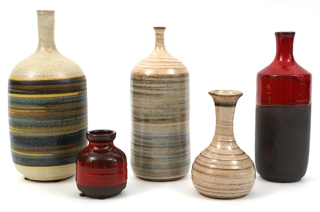 5 Ceramic Vases By Andre and Michel Gagnon: Andre and Michel Gagnon grouping of 5 pottery vases. Very good condition. Signed on the bottom. 3.5", 6.25", 9.75", 9.75, 11" H. Examine all photos closely. Contact AAG for more detailed information i