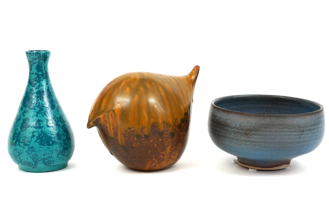 Grouping of 3 Pieces of Canadian Ceramics: Grouping of 3 lots of Canadian pottery. Ann Mortimer bird/figure, signed on bottom, 5" H. Eleanor and Foster Beveridge pottery bowl 3.25" H x 5.75" W. Nova Scotia vase by Waverly, 6.25" H. All in good