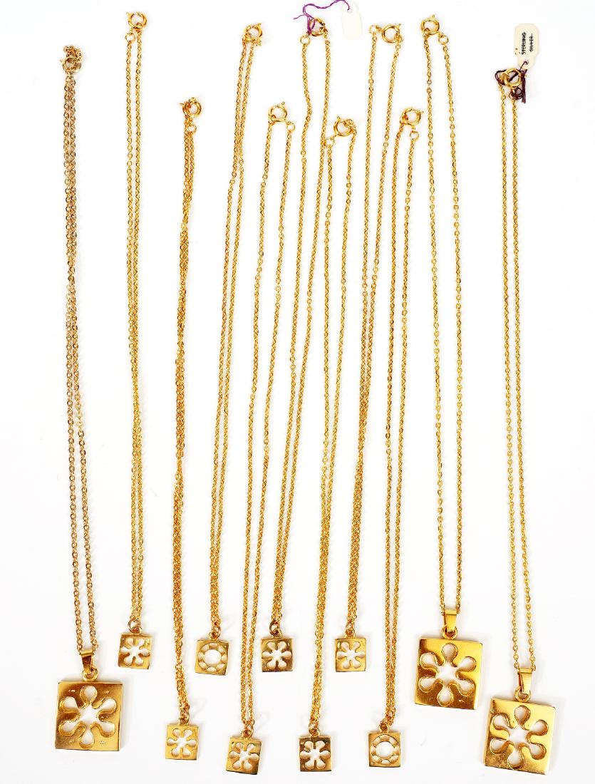 11 Signed Bernard Chaudron Gold Plated Necklaces: Bernard Chaudron signed gold plated necklaces, 11 pieces with 3 different pendant designs. Chains measure 17" and pendants 7/8" x 7/8" and 3/8" x 3/8". Good condition, see photos. Examine all photos c