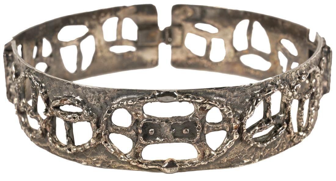 Guy Vidal Open Work 'Peace' Choker: Guy Vidal Abstract modernist choker necklace in 3 segments linked together, open pierced 'Peace' design. Signed on inside. Measures 4.25" across and 13.75" outside circumference. Good condition, see p