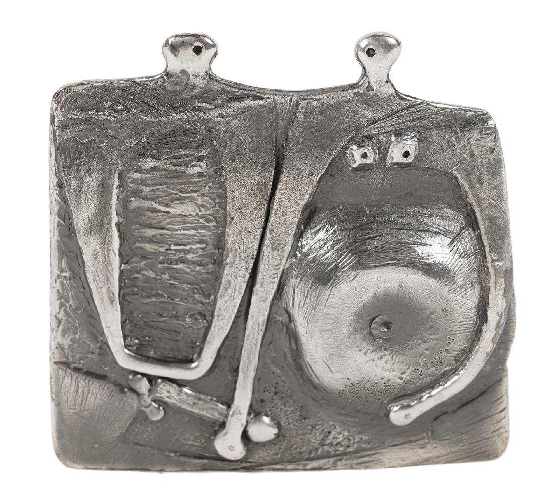 Guy Vidal Pewter Figural Desk Accessory: Guy Vidal pen holder, deck accessory features 2 figures, one that resembles a pregnant woman representing the 'Beginning of Life'. Measures 3.5"W x 3 3/8"H x 1"W. Good condition, see photos. Examine a