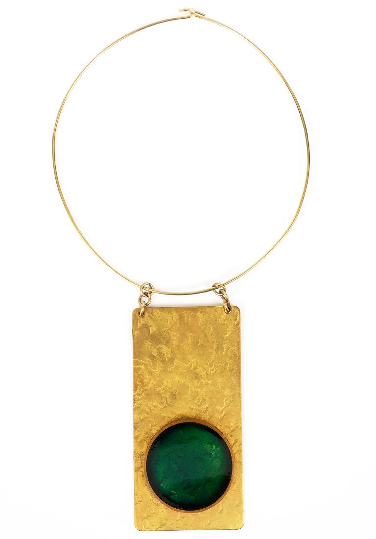 Bernard Chaudron Choker & Pendant: Bernard Chaudron choker with large rectangular bronze pendant with green circular glass accent. Choker measures 4.5"Wx 5"; pendant 4"L x 2"W. Signed on back. Good condition, see photos. Examine all ph