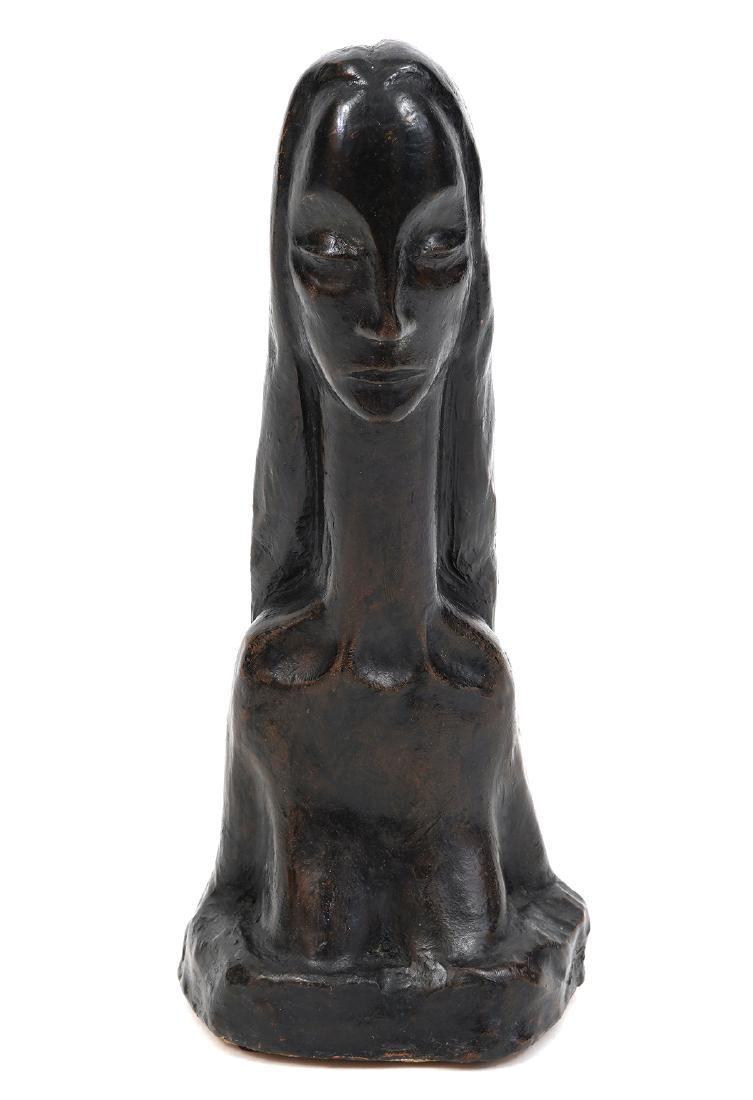 Terra Cotta Sculptural Figure by Yves Trudeau 1957: Yves Trudeau figure of a woman made of Terra Cotta. Signed around bottom edge and comes with certificate from the artist. 9.5" High. Good condition with some wear to glaze. Examine all photos closely.