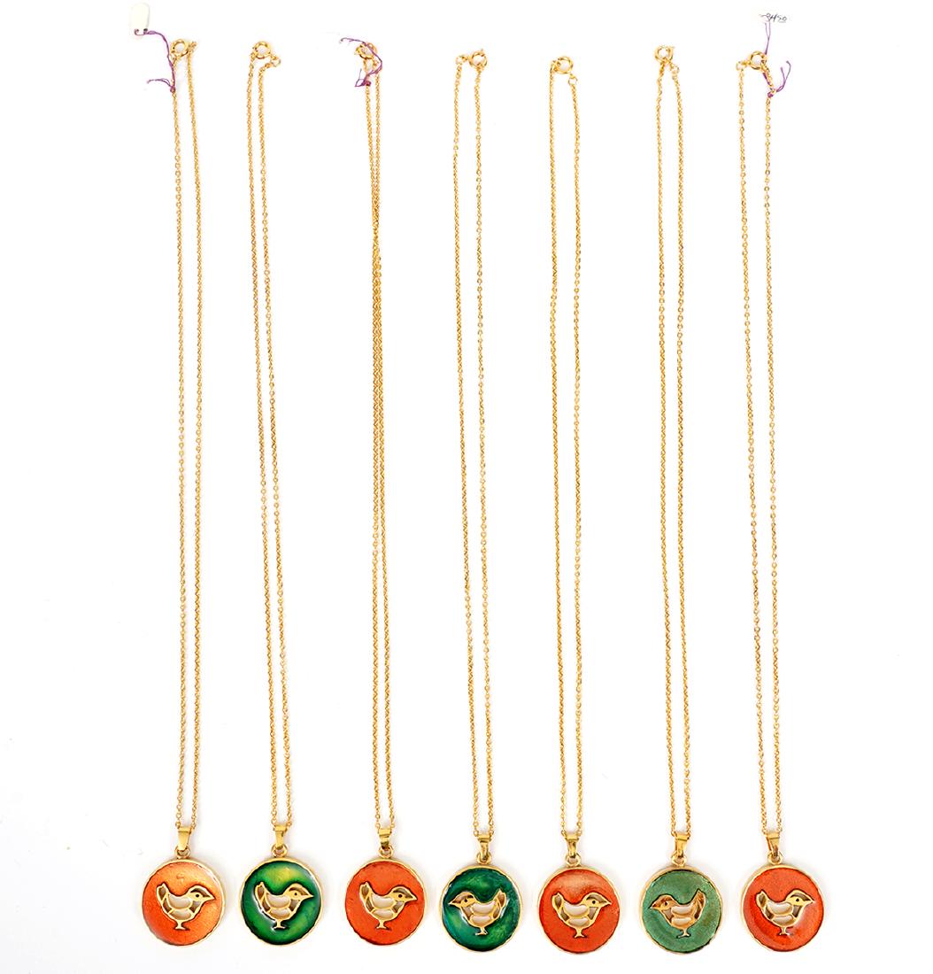 7 Bernard Chaudron Enamel Bird Necklaces: Bernard Chaudron enamel bird necklaces in orange and green. Chains are 23"L and pendants 1 1/8"W. Good condition, see photos. Examine all photos closely. Contact AAG for more detailed information if n