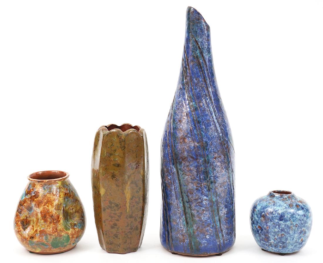 4 Prince Edward Island (PEI) Pottery Vases: 3 vases by Ruth Paynter, Burlington, Prince Edward Island. 3.5", 7", 14". Another vase signed Hall, Burlington Prince Edwards Island. 4.5". Examine all photos closely. Contact AAG for more detailed in
