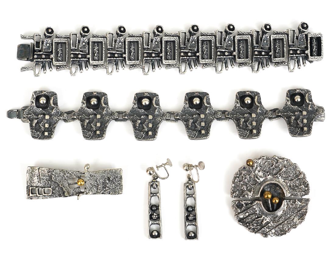 Guy Vidal 'Complex Surfaces' Bracelet & Earrings: Guy Vidal 'Complex Surfaces' Bracelet & Earring set; circular modernist pin with brass balls; rectangular 'Window' 70's pin; brutalist bracelet. Good condition, see photos. Examine all photos closely.