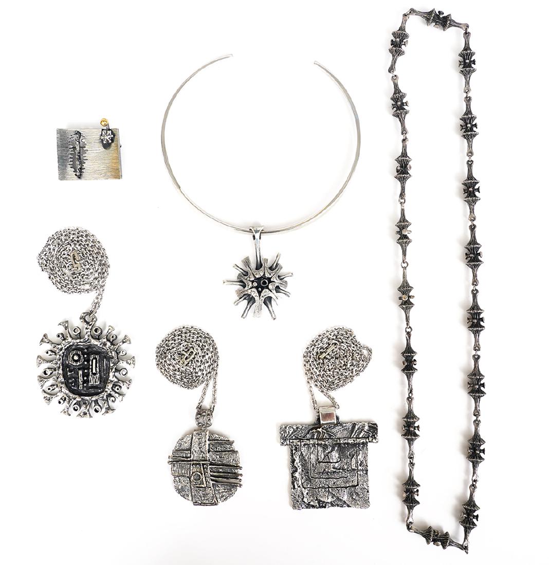 Guy Vidal Pendant, Necklaces & Pin: Guy Vidal Vintage 'Cityscape' necklace, knobby link necklace, vintage choker with drop style star pendant, round abstract pendant, modernist pin with brass ball, kinetic pendant. Good condition, see p