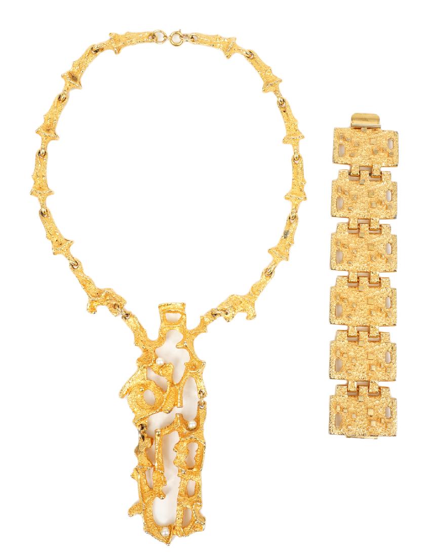 Robert Larin Gold Plated Bracelet & Necklace: Brutalist gold plated 6 panel multi-surface Robert Larin cubist bracelet, signed; and large modernist open work necklace accented with cultured pearls, attributed to Larin. Good condition, see photos.