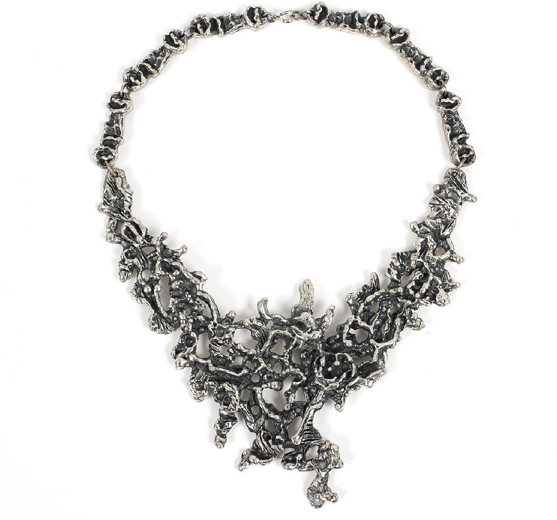 Guy Vidal Vintage Silver Bib Necklace: Guy Vidal vintage bib necklace, 'Bird's Nest' design, silver over pewter, marked on back. Measures approximately 15" wearable; center piece measures 5 1/8"W x 5.25"L. Good condition, see photos. Exami
