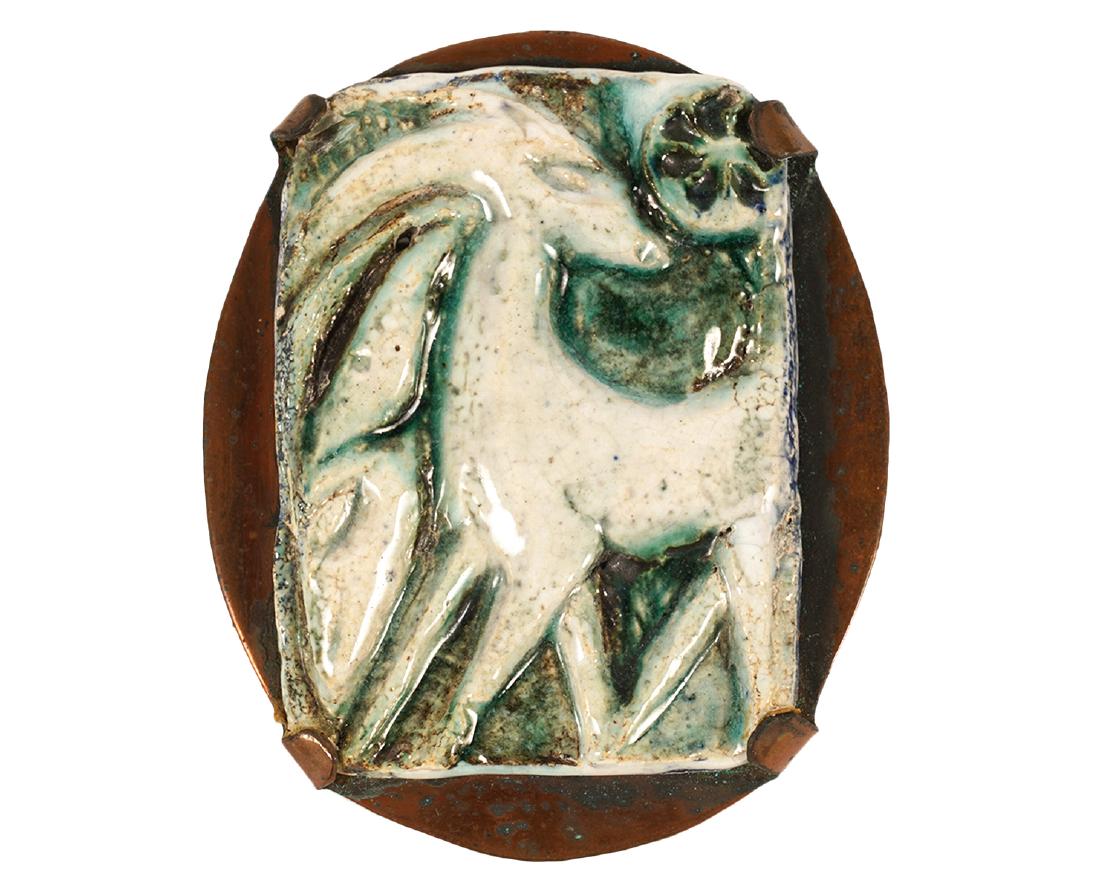 Meek/Leslie Mixed Media Copper & Ceramic Pin: Rare detailed mixed media wearable pin sculpture by Nancy Meek and Bailey Leslie. This art/tile pottery pin has a copper frame and 4 prongs holding the tile in place. Marked 'Toronto' 'BL' and signed 