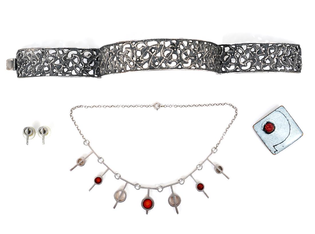 Four Items Including Bernard Chaudron Sterling Necklace: Robert Larin 'Vines' choker, Bernard Chaudron enamel and sterling abstract necklace, pair of earrings, Teriotis copper & enamel pin. Good condition, see photos. Examine all photos closely. Contact AAG