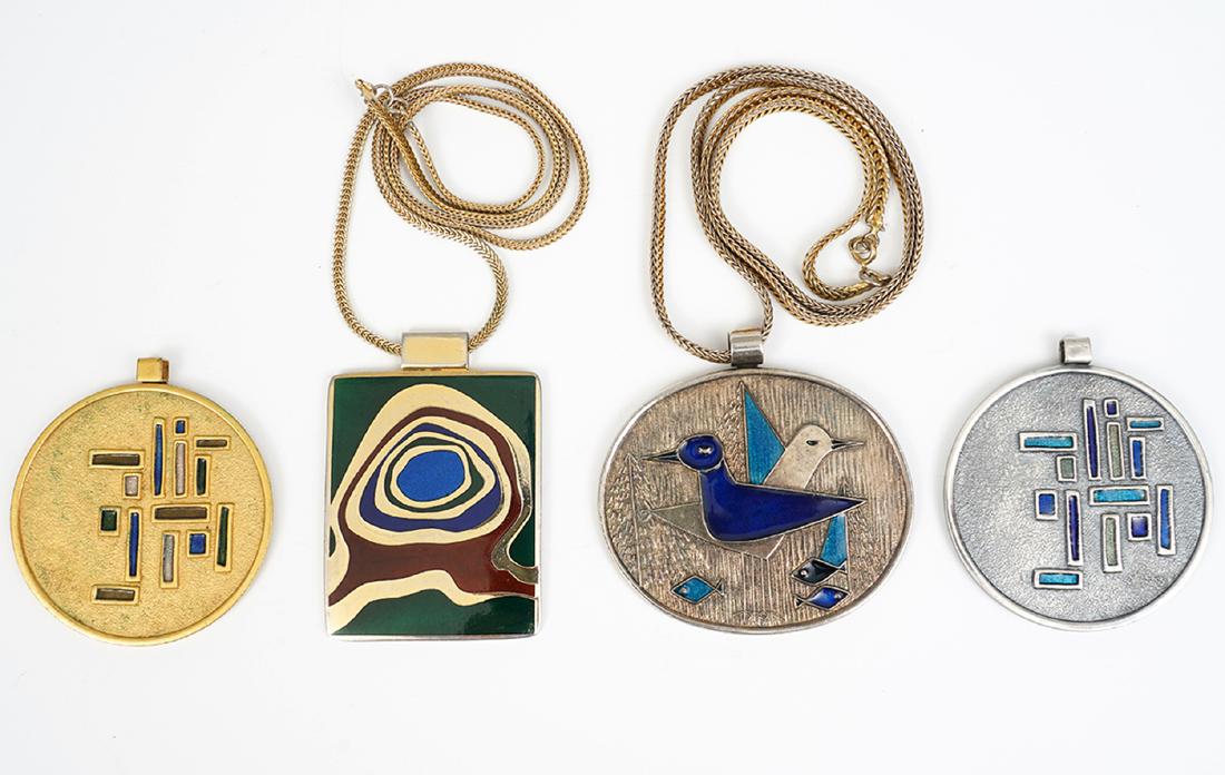 4 De Passille Sylvestre Vibrant Pendants: De Passille 'Bird & Fish' pendant with chain; enamel bars on gold tone pendant with silk cord; silver tone round pendant with enamel colored bars; abstract enameled pendant with chain. Good condition,