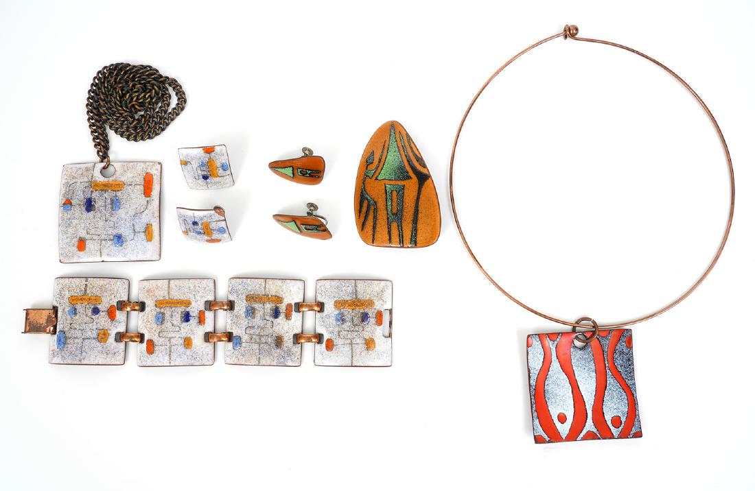 2 De Passille Enamel Sets & Copper Choker/Pendant: De Passille enameled earrings and pin set; copper choker with enameled pendant; 3 piece set earrings, bracelet & pendant. Good condition, see photos. Examine all photos closely. Contact AAG for more d