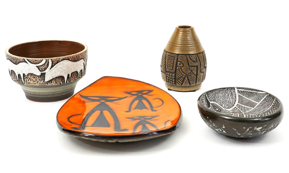 Grouping of 4 Ceramics by Luba and Mile Linhart: 4 pieces of pottery by Luba and Mile Linhart (L & M Designs). Includes a bowl, vase, dish, plate, each one with a unique design and uniquely signed. Vase is 4.75" H, bowl is 3.25" H x 5.5" W, Dish is 