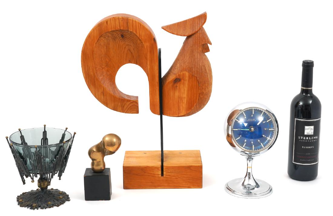 4 Eclectic Canadian Pieces: Brutalist planter of wire & brass with glass insert, measures 6.5"H x 6.75"W. Maya Fisher bronze female sculpture, measures 4"H x 3.5"W on black base 2.5"H. Trepanier carved wood rooster with center l