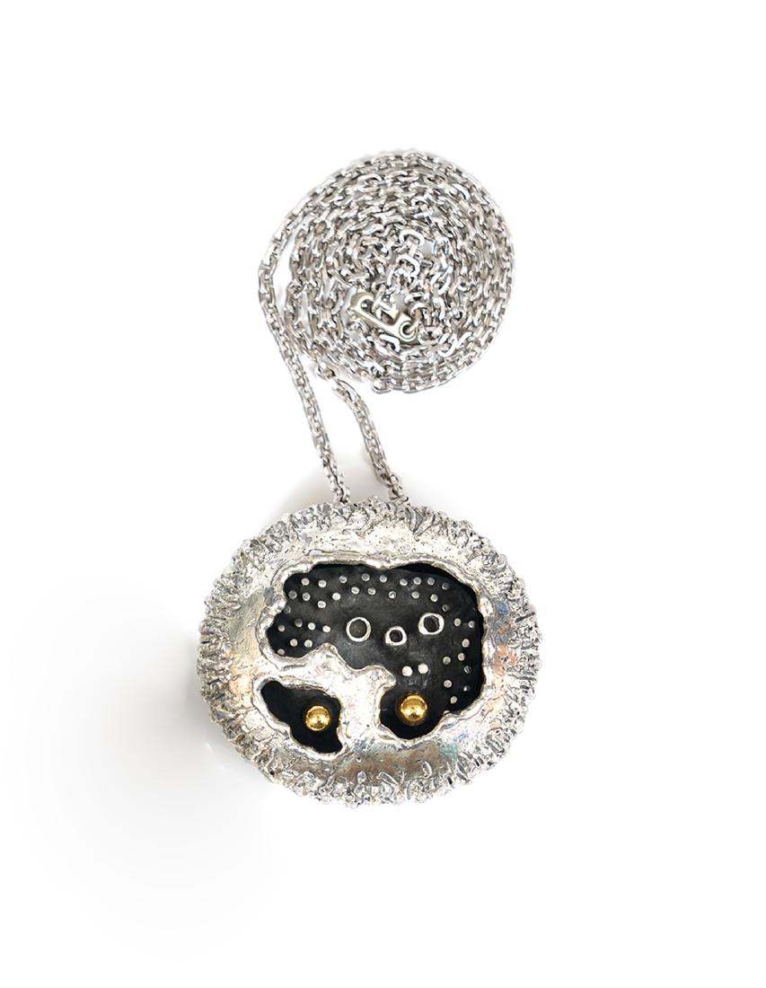 Guy Vidal Moonscape Pod Pendant on Chain: Guy Vidal wearable modernist art. Sculptural 3 dimensional pod pendant on chain, 'Moonscapes', signed on back. Pods are 2.5"W x 2"H x 1"D. Good condition, see photos. Examine all photos closely. Conta
