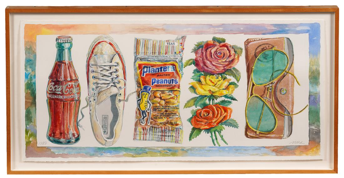 Don Nice 'American Predella Classic II' Watercolor: Don Nice, American (1932-2019) Watercolor on paper in oak shadowbox with plexiglass, floated on ragboard, titled 'American Predella Classic II'. Signed lower right and dated lower left 1989. Provenanc