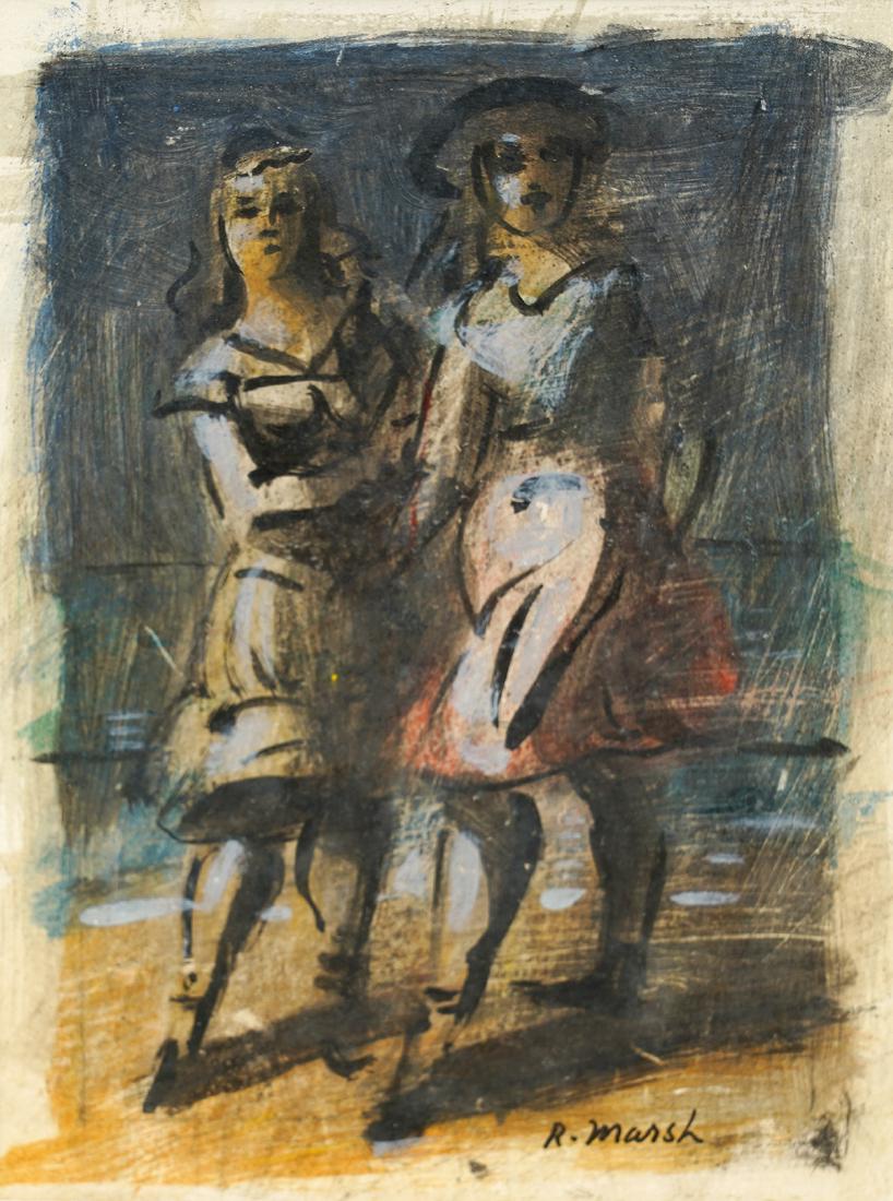 Reginald Marsh Watercolor 'Two Girls Walking': Reginald Marsh, American (1898-1954) Watercolor & gouache on board, signed lower right. Measures 15.25"H x 13.25"W framed; 7"H x 5"W unframed. Condition report: good overall condition, see photos. Exa