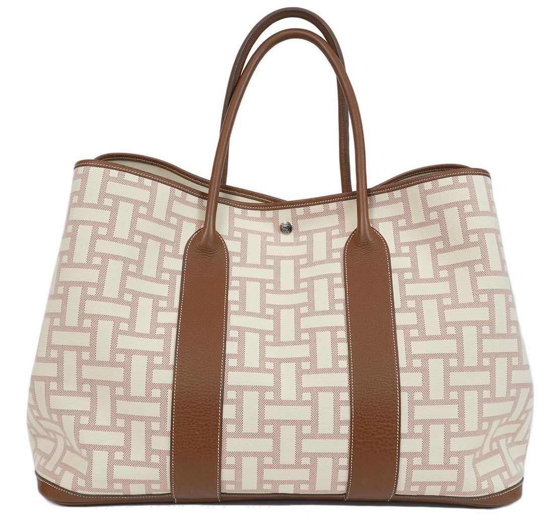 Hermes Garden Party Tote 49cm Weekender: Hermes Garden Party Tote in Negonda leather and Mosaic toile labeled 'Hermes Paris Made in France'. Rolled handles, clou de selle snap closures. Blind stamp 'L' in a square (2008), comes with Hermes d