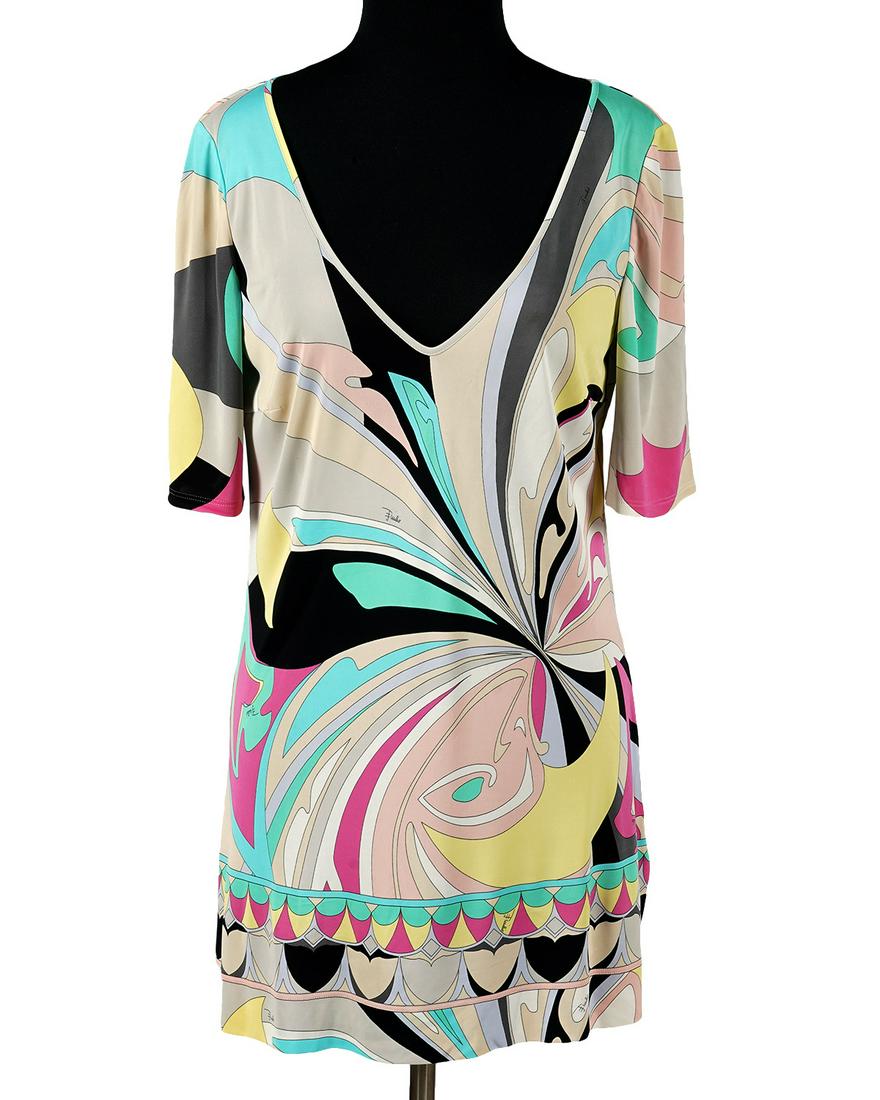 Emilio Pucci Multi-Colored Tunic Top Size 10: Emilio Pucci multi-colored tunic top in size 10, with short sleeves and plunging neckline. Measure bust 38"; length from shoulder 29". Condition report: good condition, no issues, see photos. Examine 