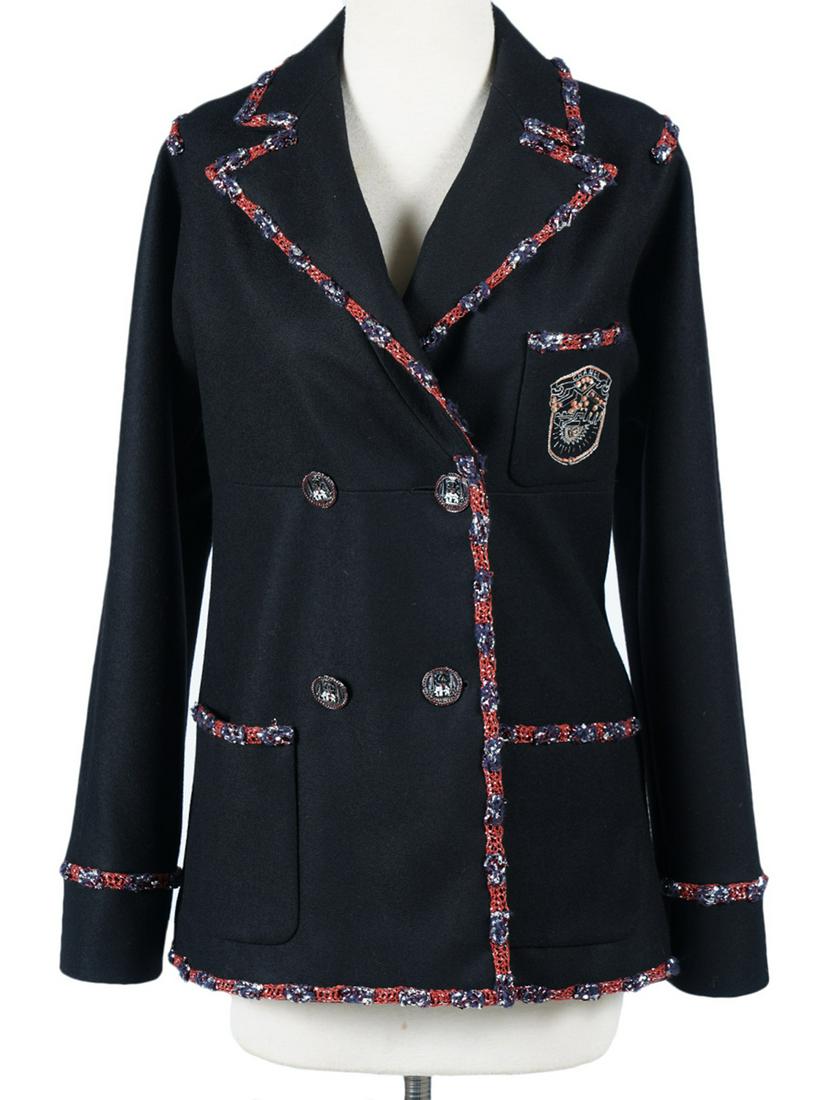 Chanel Wool & Cashmere Black Blazer, Size 40: Chanel black wool & cashmere blazer with rust & silver crocheted tweed trim. Left front pocket boasts a Chanel patch, front buttons are highly detailed with enameled elephants and CC's. Fully lined in