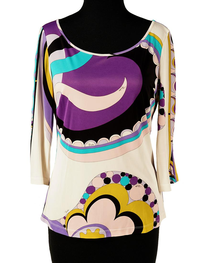 Emilio Pucci Top Multi-Color Size 8: Emilio Pucci top with 3/4 sleeves and boat neck. Multi =-colored, size 8. Measures bust 36"; length from shoulder 23". Condition report: good condition, no issues, see photos. Examine all photos close