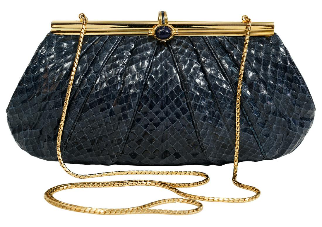 Judith Leiber Blue Python Clutch Bag: Judith Leiber blue python clutch with gold tone hardware and flip clasp closure with lapis gem stone. Comes with gold chain shoulder strap that can be tucked inside when used as a clutch. The blue sat