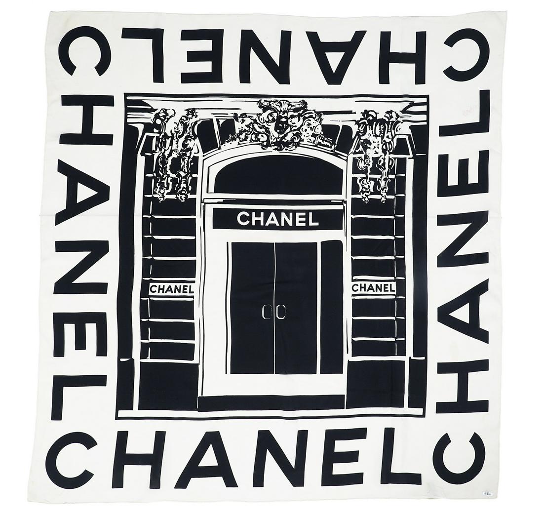 Chanel Scarf 'Door of Rue Cambon' Paris: Cream Chanel silk scarf in black and cream featuring the entrance to the Paris Chanel store at Rue Cambon. 32" x 34". Condition report: Good - few small and extremely light pink spots - barely noticea